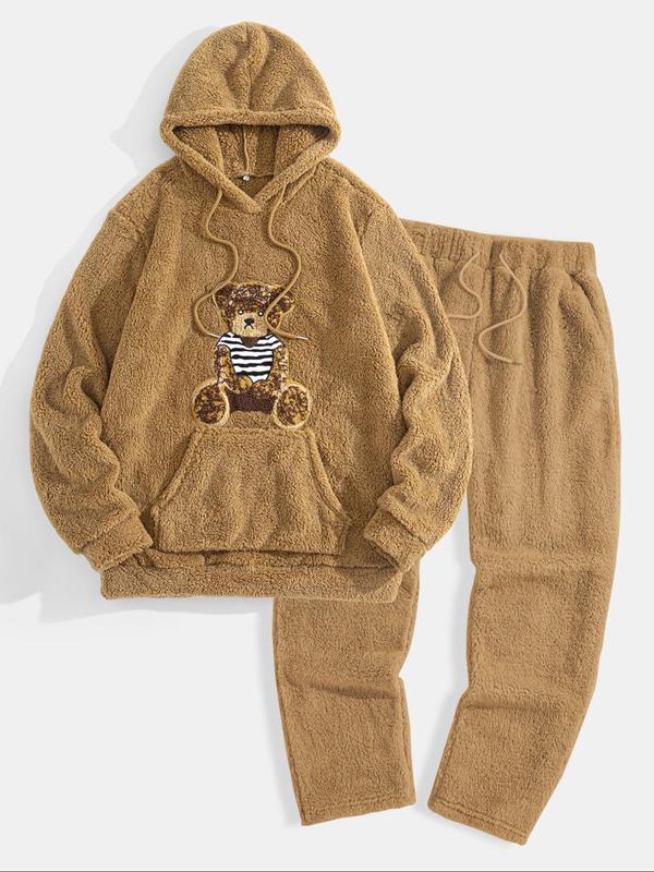 Men's Bear Pattern Sweatshirt & Drawstring Waist Sweatpants Plush Set, Casual Long Sleeve Hoodie & Pocket Jogger Pants, Men's Fall & Winter Clothes