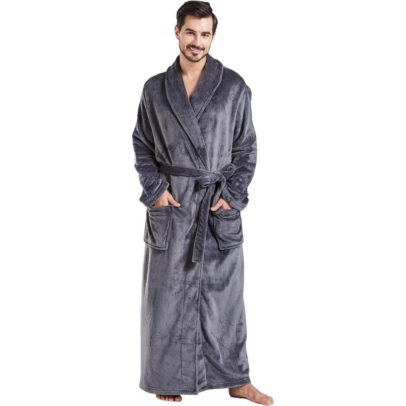 Mens Robes Big and Tall Full Length Plush Fleece Long Robe for Men Bathrobe Shawl Collar Warm Winter House Robes