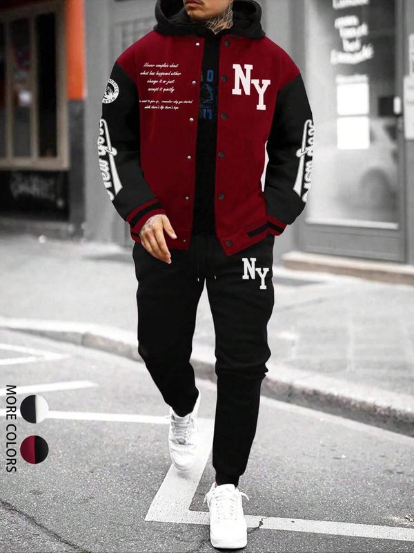 Men's Colorblock Letter Print Button Hooded Jacket & Drawstring Waist Sweatpants Set, Regular Fit Casual Fashion Cozy Breathable Outfits for Daily Outdoor Wear, Men Clothes for Fall & Winter