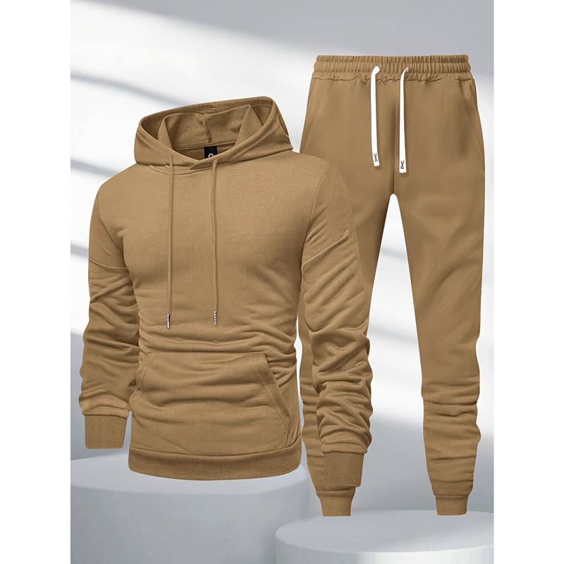 A Set of Men's Casual Polyester Sportswear, Solid Color Long Sleeve Hoodie with Drawstring Waist Jogger Pants, Suitable for Spring and Autumn Season Knitted Sports Leisure Clothing Suit