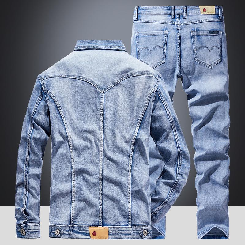 Light Blue Denim Suit Men's Slim-Fit Korean-Style Stretch Two-Piece Spring and Autumn Trends Jacket Jacket Menswear Overalls Underwear Formal