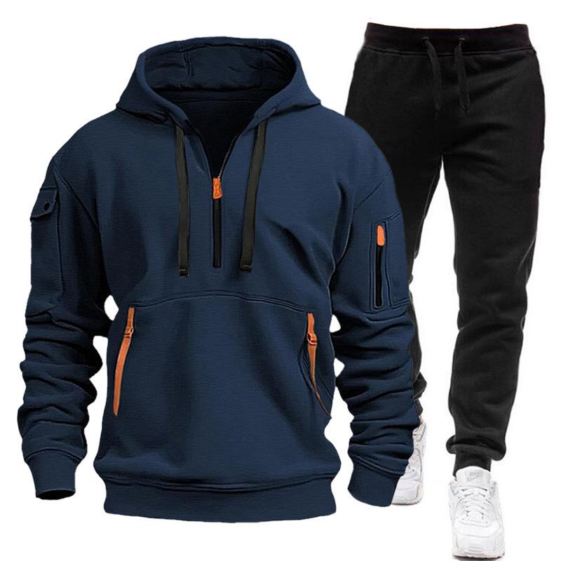 Men's New Fleece-lined Multi-Pocket Zipper Sweater Suit Personal Leisure Hoodie Suit