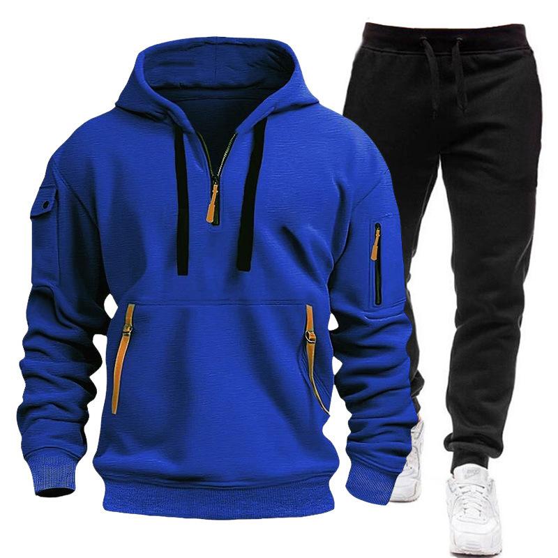 Men's New Fleece-lined Multi-Pocket Zipper Sweater Suit Personal Leisure Hoodie Suit