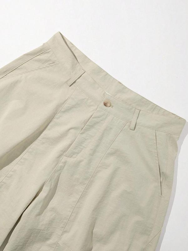 Men's Solid Button Fly Wide Leg Pants, Loose Casual Comfy Pocket Trousers for Daily Wear, Woven Bottoms for All Seasons