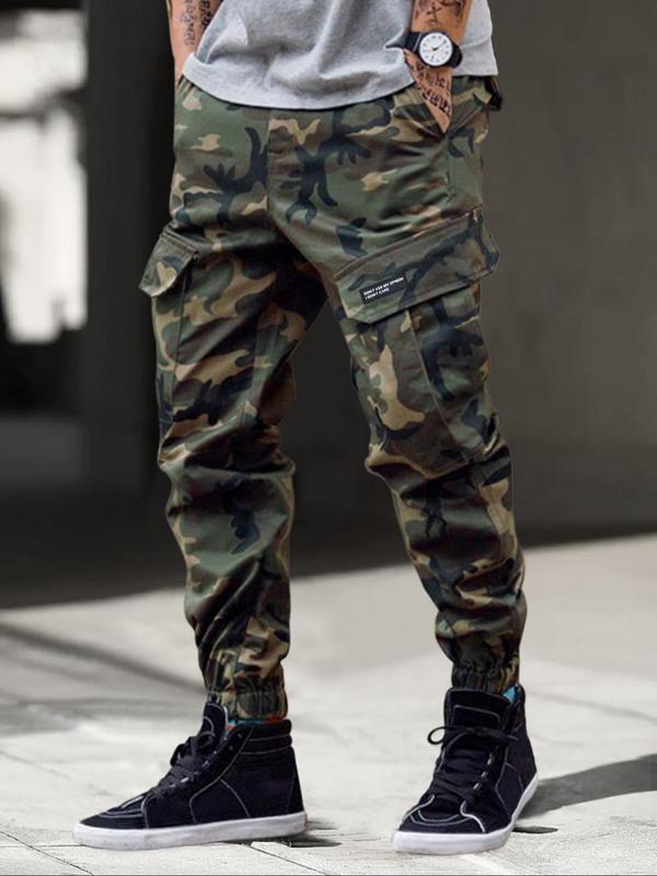 Men's Camo Print Patched Drawstring Cargo Pants, Loose Casual Street Flap Pocket Elastic Waist Trousers for Daily Wear, Men's Bottoms for All Seasons