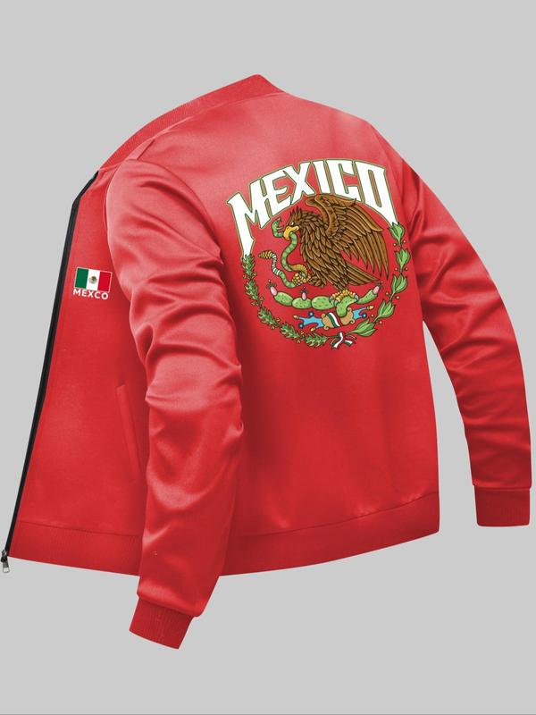 Men's Mexico Flag & Eagle Print Zip Up Pocket Bomber Jacket, Casual Long Sleeve Baseball Collar Outerwear for Daily Wear, Fashion Men's Clothes for All Seasons