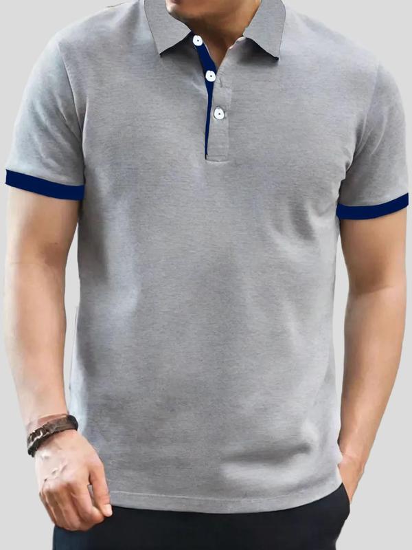 Men's Contrast Binding Short Sleeve Polo Shirt, Regular Fit Casual Button Collar Top for Summer, Fashion Men's Clothes for Daily Wear