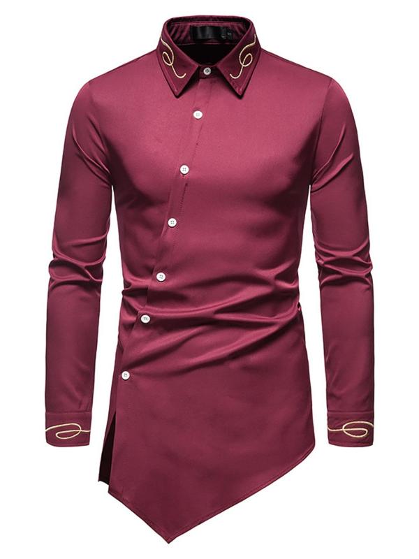 Men's Solid Embroidery Button Front Asymmetrical Hem Shirt, Regular Fit Casual Long Sleeve Collared Shirt for Spring & Fall, Menswear for Daily Wear