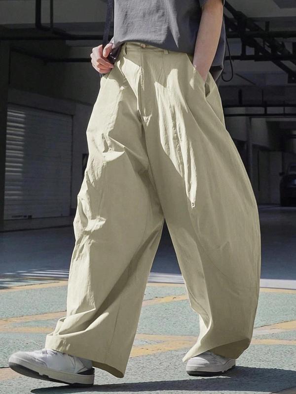 Men's Solid Button Fly Wide Leg Pants, Loose Casual Comfy Pocket Trousers for Daily Wear, Woven Bottoms for All Seasons