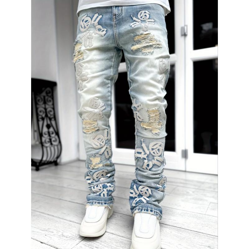 Men's Casual Letter Patchwork Skinny Jeans, Vintage Style Ripped Denim Pants