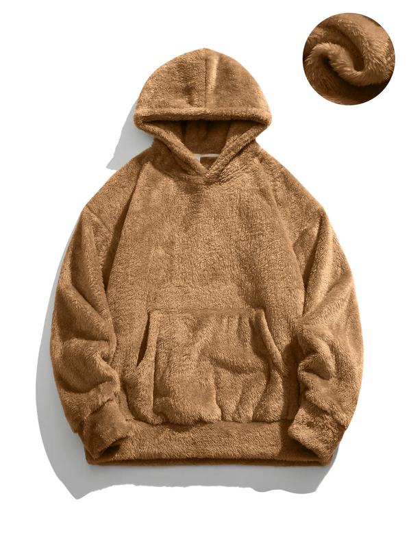 Men's Solid Color Kangaroo Pocket Drop Shoulder Thermal Lined Hoodie, Airport Outfits 2024, Loose Casual Long Sleeve Hooded Sweatshirt for Winter, Fall Clothes, Fashion Men's Clothes for Daily Wear