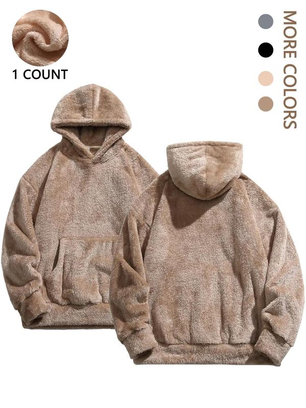 Men's Solid Color Kangaroo Pocket Drop Shoulder Thermal Lined Hoodie, Airport Outfits 2024, Loose Casual Long Sleeve Hooded Sweatshirt for Winter, Fall Clothes, Fashion Men's Clothes for Daily Wear