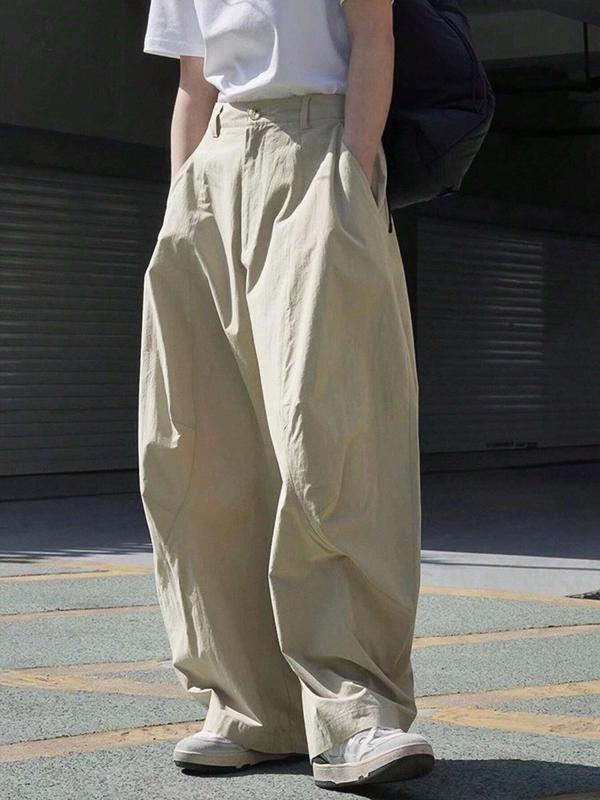 Men's Solid Button Fly Wide Leg Pants, Loose Casual Comfy Pocket Trousers for Daily Wear, Woven Bottoms for All Seasons