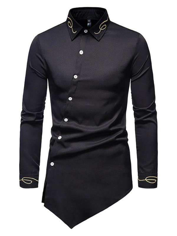 Men's Solid Embroidery Button Front Asymmetrical Hem Shirt, Regular Fit Casual Long Sleeve Collared Shirt for Spring & Fall, Menswear for Daily Wear