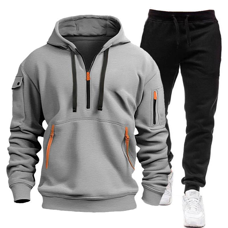 Men's New Fleece-lined Multi-Pocket Zipper Sweater Suit Personal Leisure Hoodie Suit