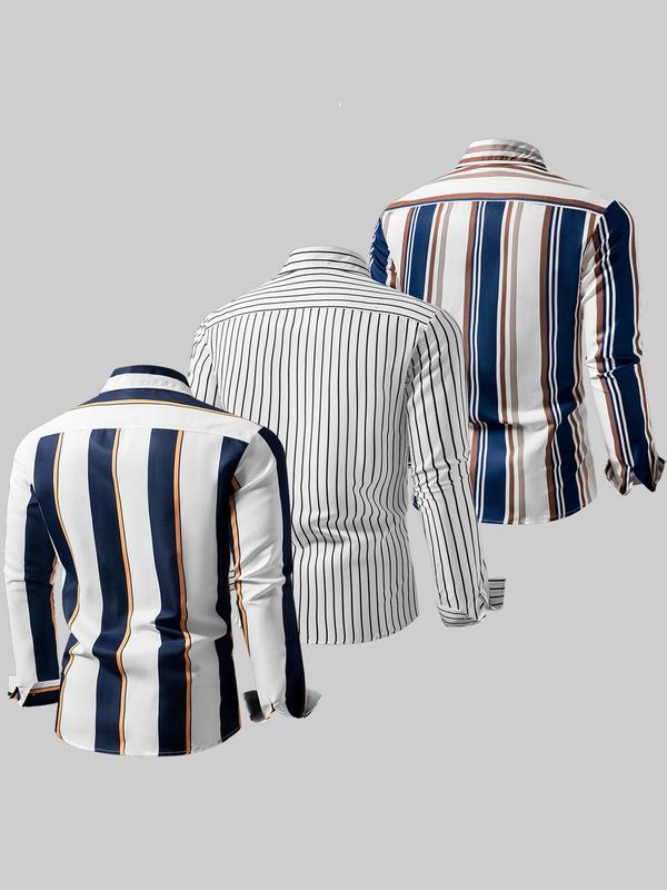 Men's Random Striped Patchwork Print Button Front Shirt, Casual Regular Fit Long Sleeve Collared Top for Fall & Winter, Men's Clothes for Daily Wear