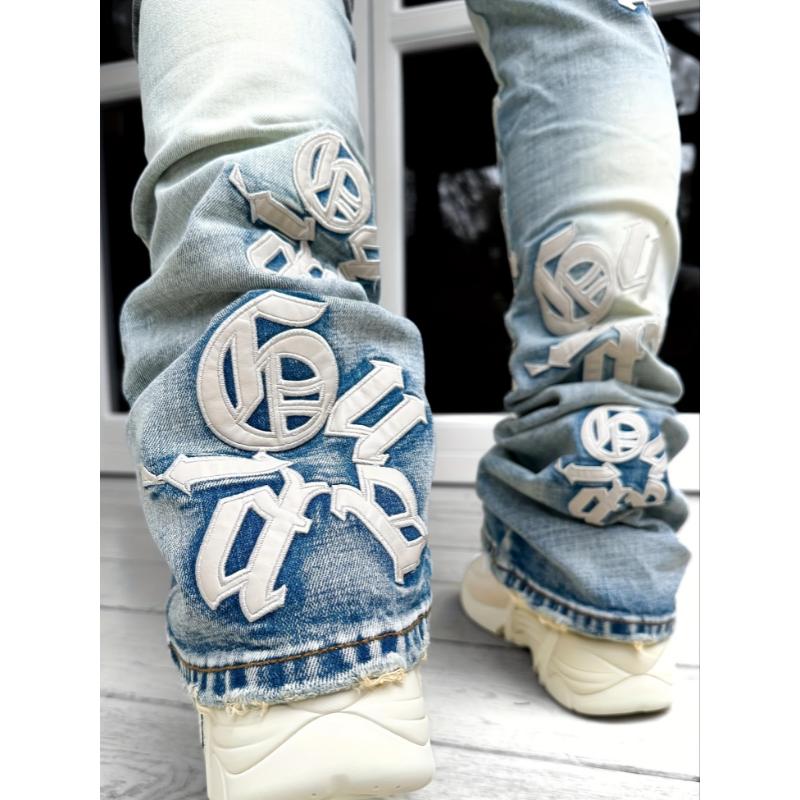 Men's Casual Letter Patchwork Skinny Jeans, Vintage Style Ripped Denim Pants