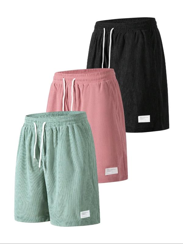 Men's Solid Patched Drawstring Waist Shorts, Casual Regular Fit Pocket Shorts for Summer, Men's Bottoms for Daily Wear