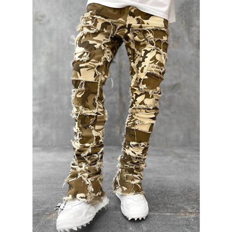 Men Trousers Individual Patched Pants Long Tight Fit Stacked Jeans for Mens Clothing Khaki Menswear Stylish