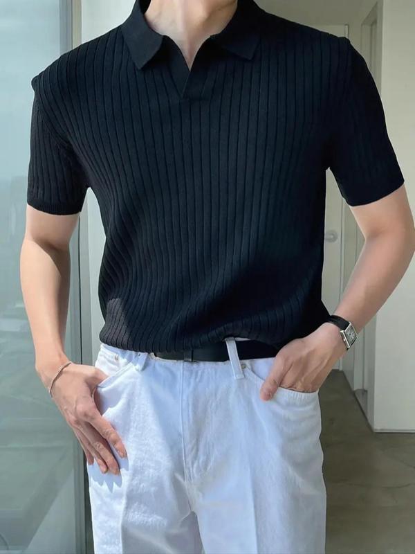 Men's Slim Solid Polo Neck Knit Top, Casual Soft Comfortable Short Sleeve V Neck Knitwear for Summer, Streetwear, Fashion Men's Knit Clothing for Daily Wear