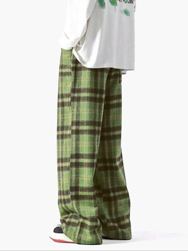 Men's Plaid Print Pocket Drawstring Waist Straight Leg Pants, Casual Comfy Elastic Waist Trousers for Fall & Winter, Men's Bottoms for Daily Wear