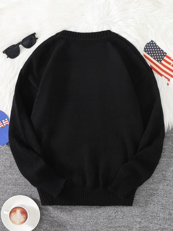 Men's Letter Print Drop Shoulder Sweater, Regular Fit Casual Long Sleeve Round Neck Jumper for Spring & Fall, Fashion Men's Knitwear for Daily Wear