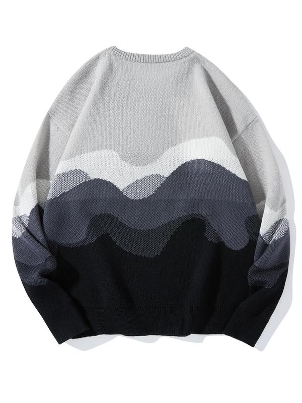 Men's Colorblock Wave Print Drop Shoulder Sweater, Regular Fit Casual Long Sleeve Round Neck Jumper for Fall & Winter, Fashion Men's Knitwear for Daily Wear, Streetwear Clothing