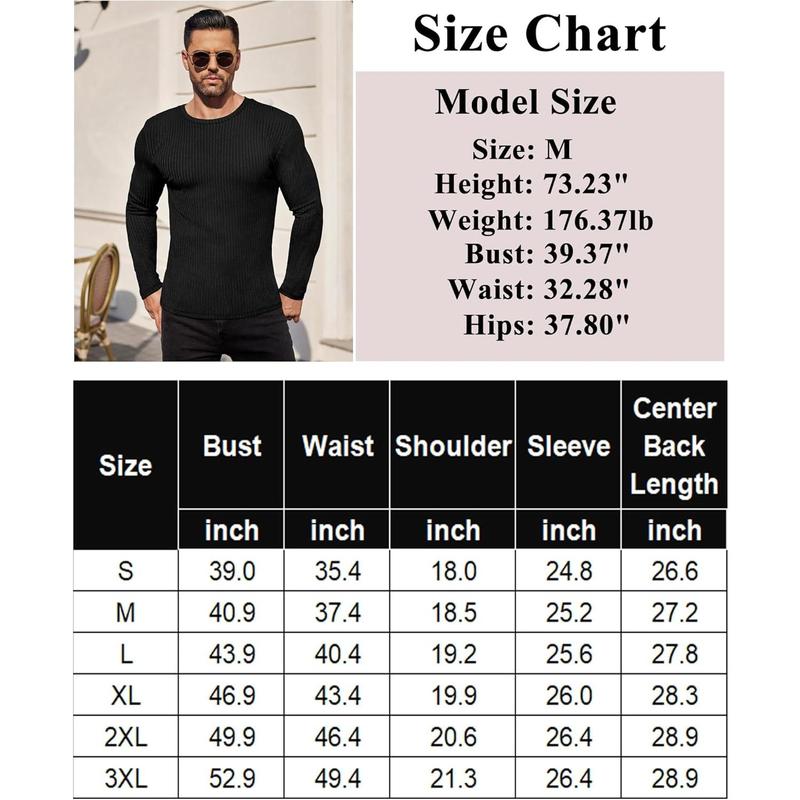 Men's Long Sleeve Shirts Ribbed Pullover Sweater Sim Fit Thermal Tops Crew Neck Stretchy Undershirts S-XXL