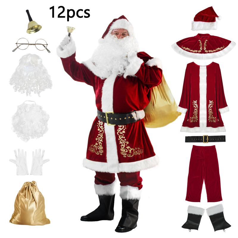 Luxury Suede Adult Santa Claus Clothing Suit 12-Piece Men's Santa Claus Costume