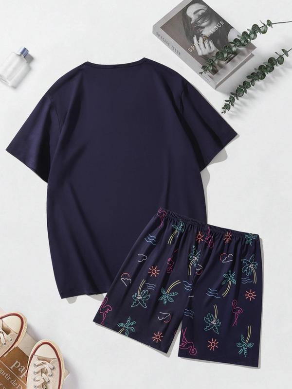 Men's Tree Print Tee & Elastic Waist Shorts Pyjama Set, Regular Fit Casual Short Sleeve T-shirt & Shorts, Men's Sleepwear & Loungewear Set for Summer