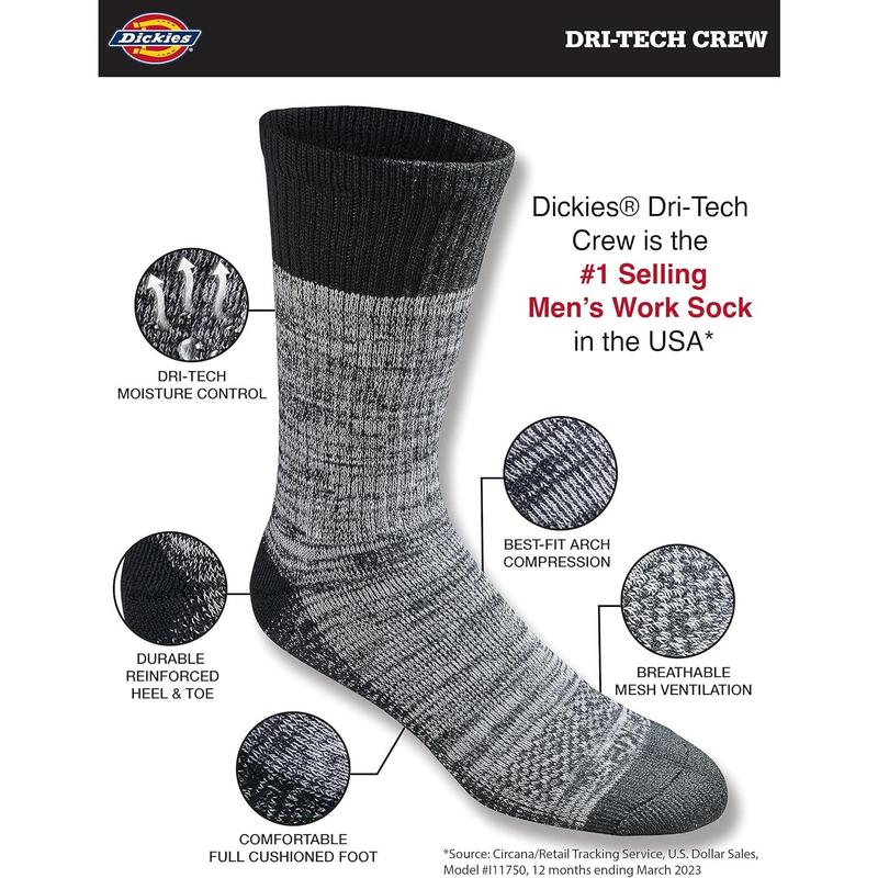 Dickies Men's Dri-Tech Essential Moisture Control Crew Socks, Available in M-XXL (6, 12 Pairs)