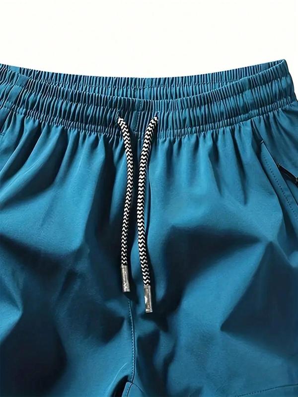 Men's Solid Color Drawstring Slant Pocket Zipper Shorts, Regular Fit Casual Elastic Waist Shorts, Summer Bottoms for Men