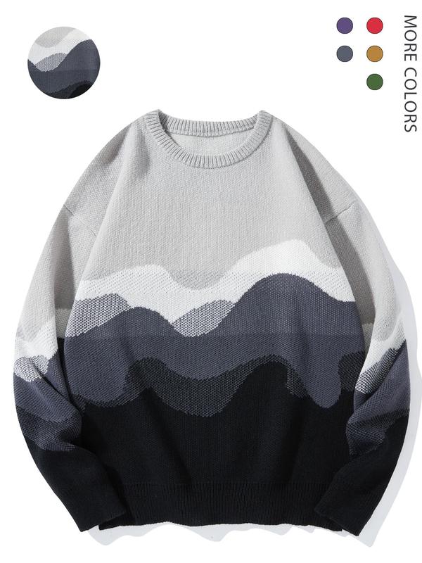 Men's Colorblock Wave Print Drop Shoulder Sweater, Regular Fit Casual Long Sleeve Round Neck Jumper for Fall & Winter, Fashion Men's Knitwear for Daily Wear, Streetwear Clothing