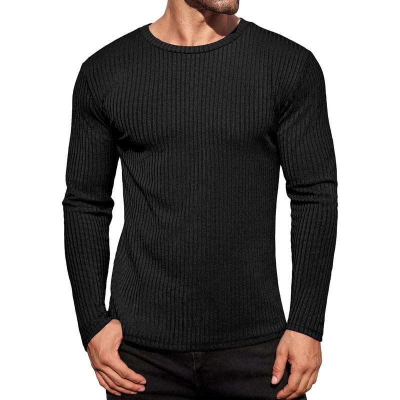 Men's Long Sleeve Shirts Ribbed Pullover Sweater Sim Fit Thermal Tops Crew Neck Stretchy Undershirts S-XXL