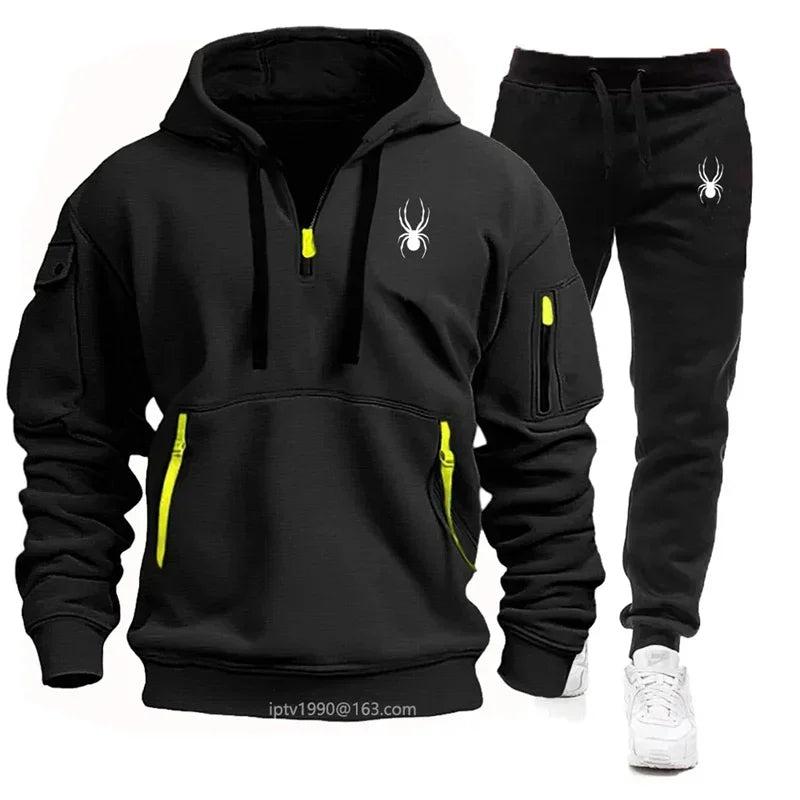 New autumn and winter men's hoodie set, fashionable and casual men's multi pocket zipper hoodie+sweatpants 2-piece jacket