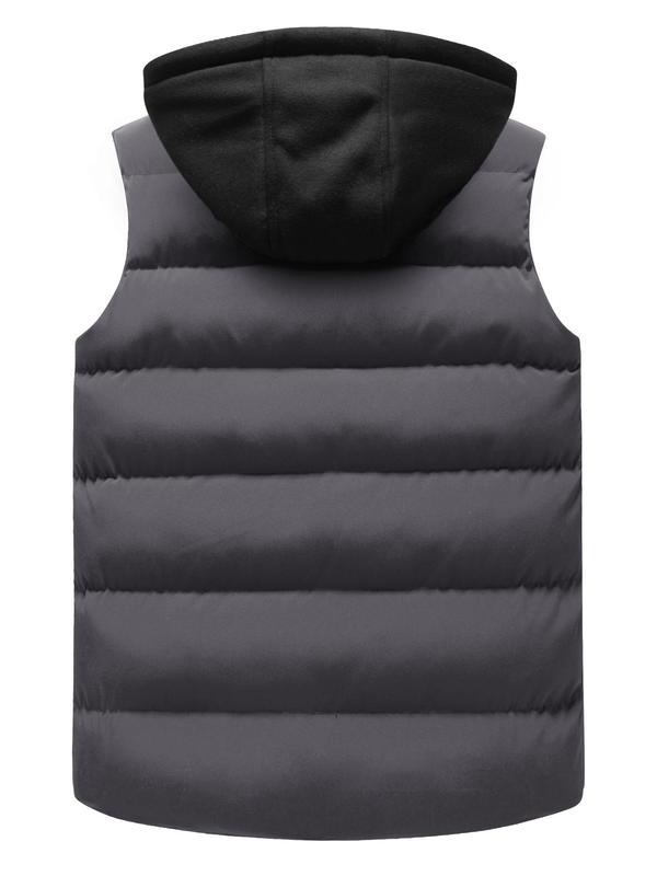 Men's Solid Zip Up Warm Hooded Vest Jacket, Regular Fit Casual Drawstring Design Sleeveless Winter Outerwear for Spring & Fall, Fashion Men's Clothes for Daily Wear