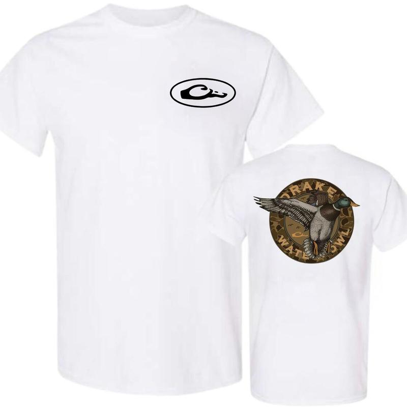 Drake Waterfowl T-Shirt , Featuring Mallard Duck Graphic On Back , Classic Hunting Apparel With Logo On Front , Comfortable And Stylish Unisex Tee , Perfect For Outdoor Enthusiasts And Waterfowl Hunters