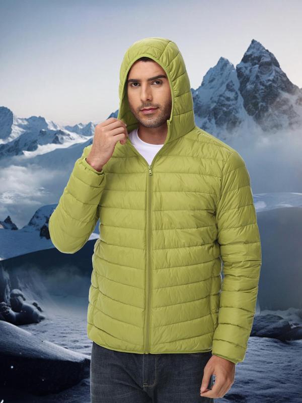 Sporty Men's Solid Color Zip Up Hooded Sports Down Jacket, Regular Fit Sports Long Sleeve Pocket Design Down Coat for Fall & Winter, Men's Sports Outerwear for Outdoor Activities Winter Jacket