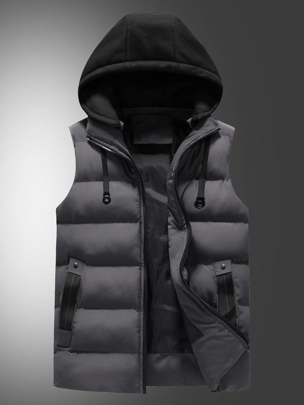 Men's Solid Zip Up Warm Hooded Vest Jacket, Regular Fit Casual Drawstring Design Sleeveless Winter Outerwear for Spring & Fall, Fashion Men's Clothes for Daily Wear