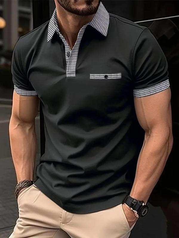 Men's Patchwork Plaid Print Polo Shirt, Casual Short Sleeve Button Front Top for Summer, Fashion Men's Clothes for Daily Wear