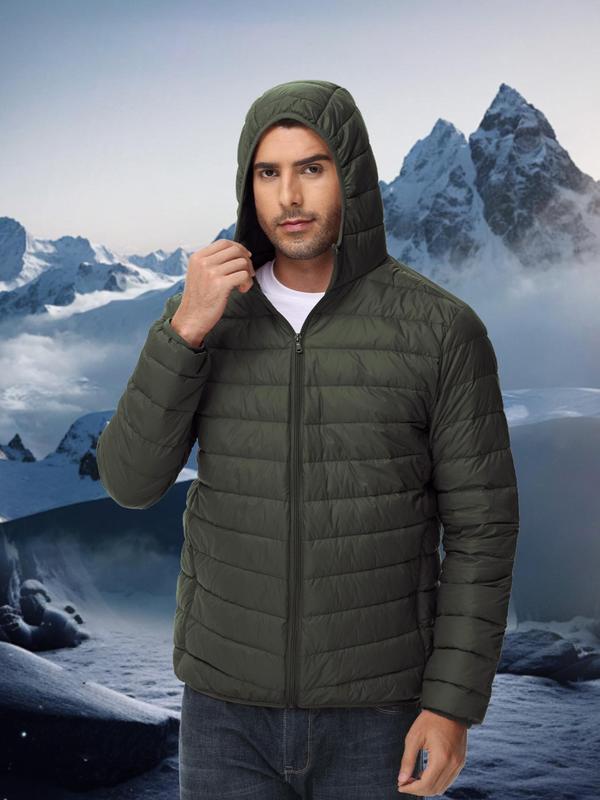 Sporty Men's Solid Color Zip Up Hooded Sports Down Jacket, Regular Fit Sports Long Sleeve Pocket Design Down Coat for Fall & Winter, Men's Sports Outerwear for Outdoor Activities Winter Jacket