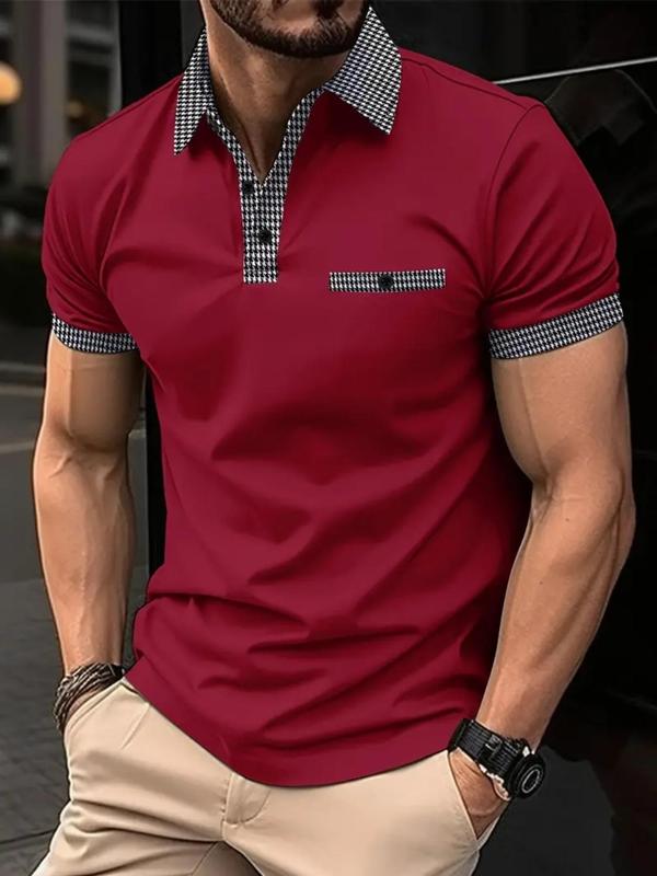 Men's Patchwork Plaid Print Polo Shirt, Casual Short Sleeve Button Front Top for Summer, Fashion Men's Clothes for Daily Wear