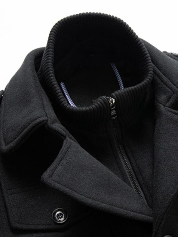 Men's Solid Button Front Pocket Zipper Wool Coat, Regular Fit Long Sleeve Lapel Neckline Outerwear for Fall & Winter, Men's Clothes for Business Work Daily Wear