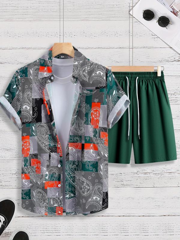 Two Counts Men's Coconut Tree Print Co-ord Two Piece Set, Regular Fit Short Sleeve Button Front Shirt & Drawstring Pocket Shorts Two-piece Set, Back to School Outfits, Hawaiian Summer Clothes Set for Beach Vacation