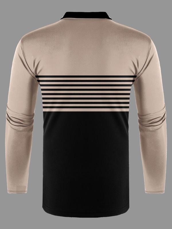 Men's Colorblock Striped Print Polo Shirt, Regular Fit Casual Long Sleeve Button Collared Top for Fall & Winter, Men's Clothes for Daily Wear