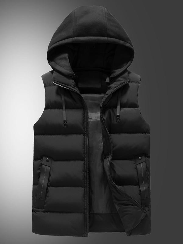 Men's Solid Zip Up Warm Hooded Vest Jacket, Regular Fit Casual Drawstring Design Sleeveless Winter Outerwear for Spring & Fall, Fashion Men's Clothes for Daily Wear