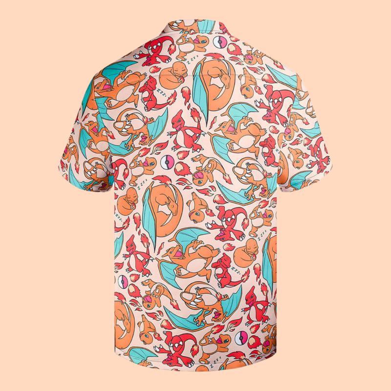 Charmander Charmeleon Charizard Hawaiian Shirt With Pokemon, Chrismast Gift Collar Menswear Fabric Loose