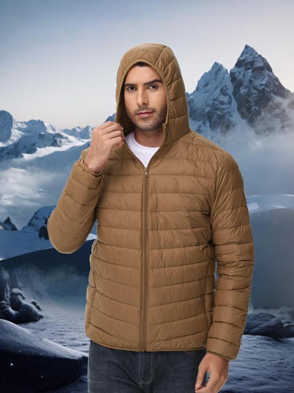 Sporty Men's Solid Color Zip Up Hooded Sports Down Jacket, Regular Fit Sports Long Sleeve Pocket Design Down Coat for Fall & Winter, Men's Sports Outerwear for Outdoor Activities Winter Jacket