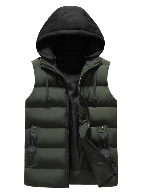 Men's Solid Zip Up Warm Hooded Vest Jacket, Regular Fit Casual Drawstring Design Sleeveless Winter Outerwear for Spring & Fall, Fashion Men's Clothes for Daily Wear