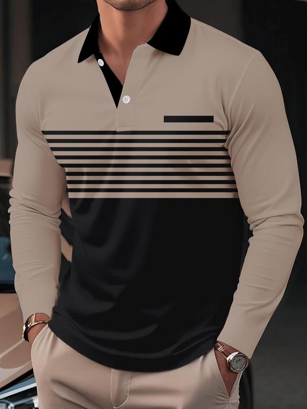 Men's Colorblock Striped Print Polo Shirt, Regular Fit Casual Long Sleeve Button Collared Top for Fall & Winter, Men's Clothes for Daily Wear